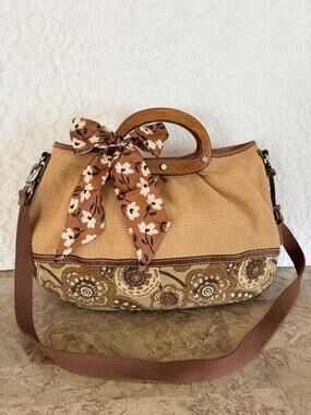 VTG Fossil natural straw and flowered fabric satchel/shoulder bag/crossbody
